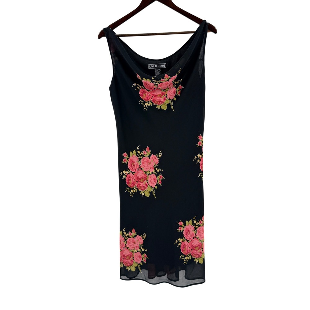 Vintage 90s A Wild Thyme Floral Midi Dress Black 12 Y2K Rose Sheer Grunge